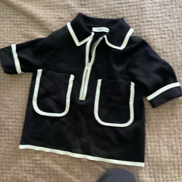 ZARA Black & White Piping Knit Top with Zipper Detail - Picture 2 of 3
